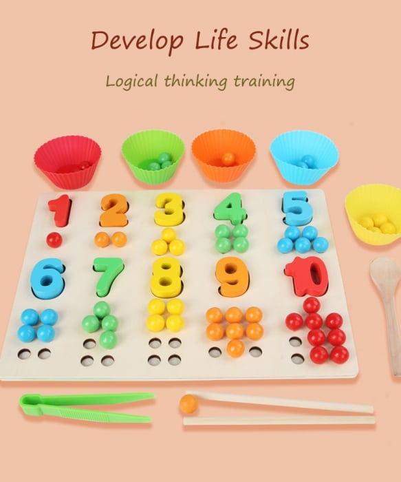 Jucarie Montessori placa multifunctionala de sortare si numarare, cu cifre si bilute [2]