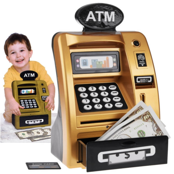Jucarie Pusculita bancomat ATM cu amprenta, sunete si card, auriu, 24 cm [3]