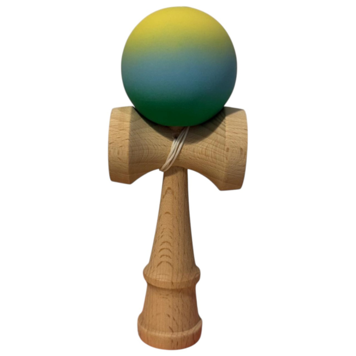 Kendama Original 18 cm, verde-bleu-galben, cauciucata, din lemn
