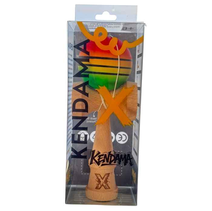Kendama X Rubber Grip 18 cm, verde-galben- rosu cu dungi negre, din lemn [4]