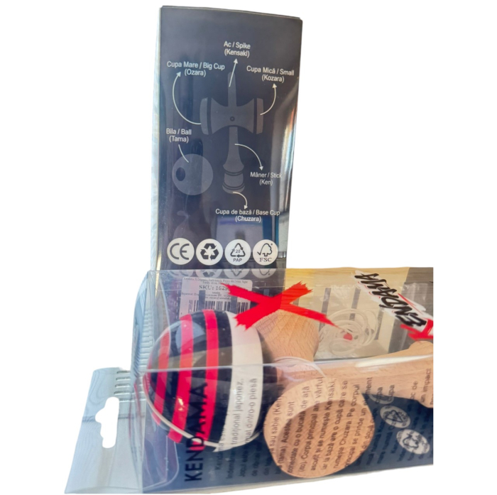 Kendama X Super Sticky 18 cm, Negru-Alb si dungi rosu-negru, din lemn [5]