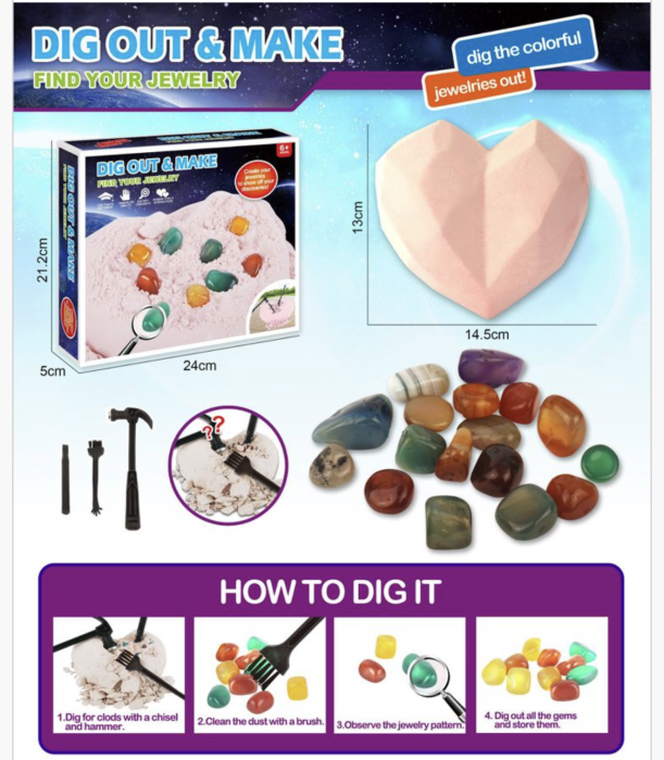 Kit excavare pietre pretioase, inima, cu unelte si pietre colorate, 6+ ani [2]