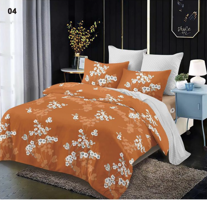 Lenjerie de pat 2 persoane, cu elastic, finet cu 6 piese, caramiziu-gri cu flori e04