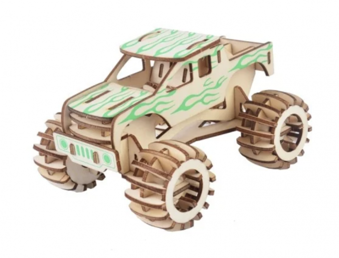 Macheta 3D din lemn Monster Truck natur cu verde, 102 piese