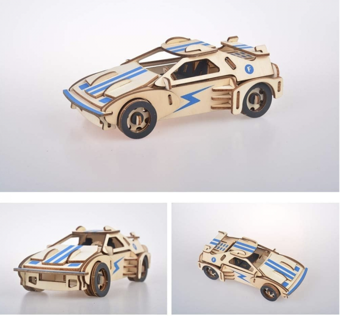 Macheta 3D din lemn Masina de curse natur cu albastru, 61 piese [3]