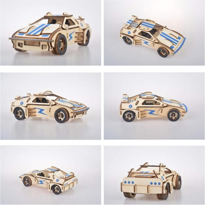 Macheta 3D din lemn Masina de curse natur cu albastru, 61 piese [4]