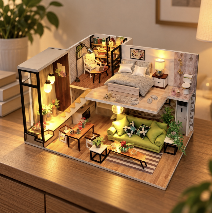 Macheta DIY M030 Casuta Miniaturala Din Lemn Pe Doua Niveluri Locuinta Moderna Mobilier Si Iluminare LED 14 Ani [4]