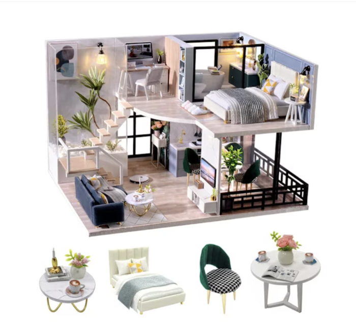 Macheta DIY L032 Casuta De Papusi Din Lemn Cu Mobilier Si Iluminare LED Material Non-Toxic 14 Ani [2]