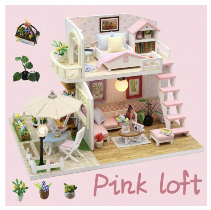 Macheta DIY mobilier casuta papusi cu 2 etaje, Pink Loft scara 1:24 [9]