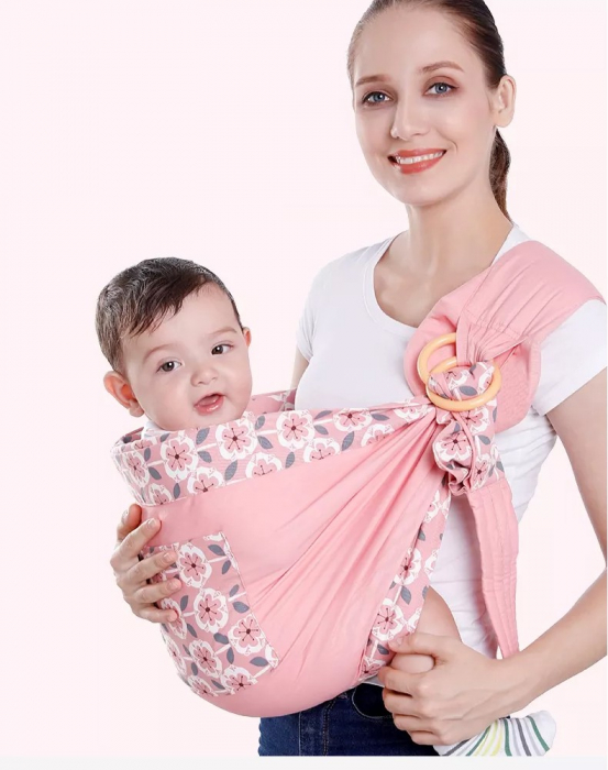 Marsupiu wrap, sling cu inele, pentru bebelusi, roz [5]