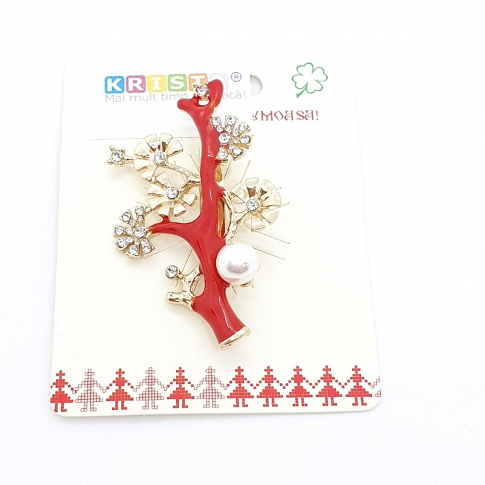 Martisor tip brosa eleganta copacul vietii, auriu cu rosu - krista 