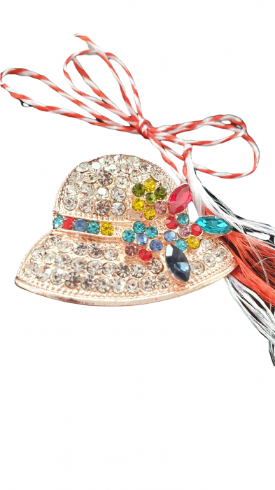 Martisor tip brosa, palarie cu flori, cu pietricele - krista 