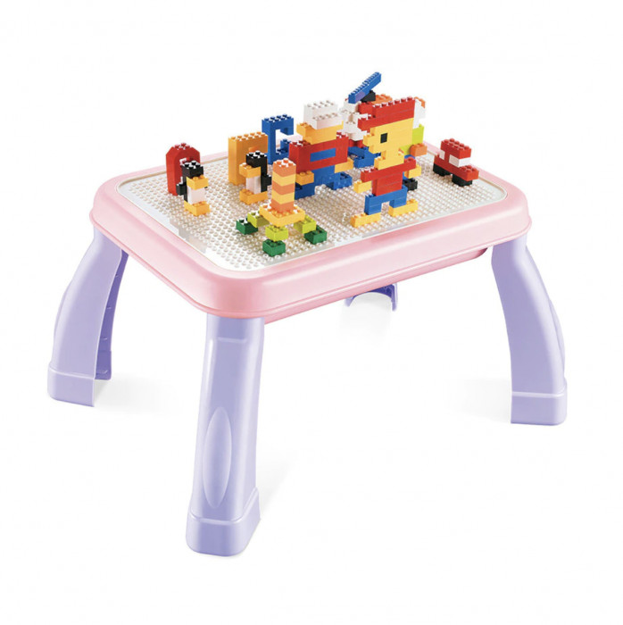 Masa de scris 2 in 1, cu 200 cuburi de constructie, roz