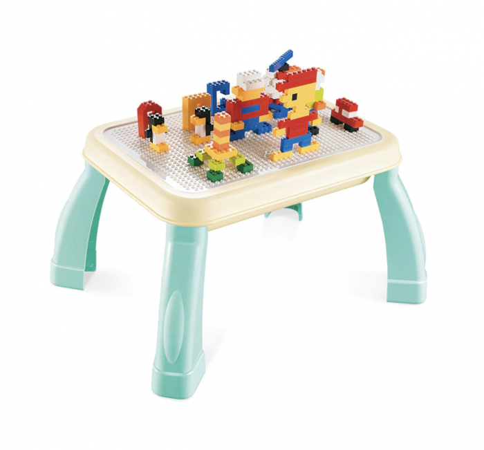 Masa de scris 2 in 1, cu 200 cuburi de constructie, turquoise