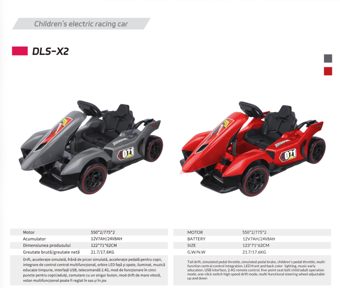 Masina electrica Kart DLS-X2, cu drift, telecomanda si lumini LED, rosu [6]