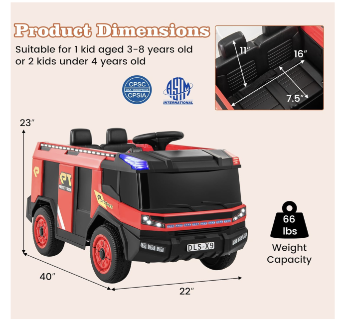 Masina electrica Pompieri copii 12V, 2 motoare, telecomanda, 30 kg, 3–8 ani [7]