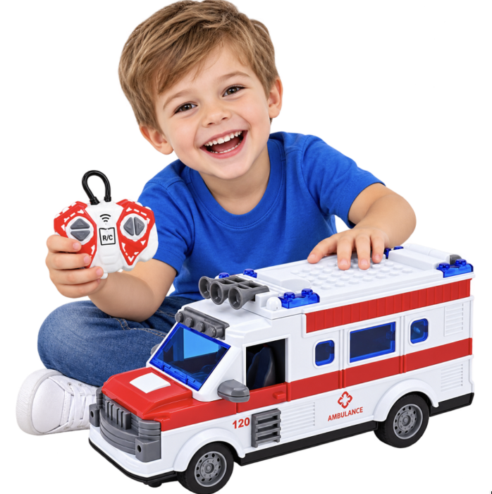 Masina Ambulanta Cu Telecomanda Scara 1:30 Lumini Si Usi Mobile Alb Rosu 3 Ani [2]