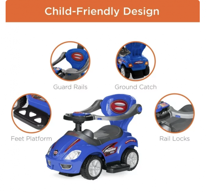 Masinuta 3 in 1 cu maner de impins, Deluxe Mega Car, albastru [3]
