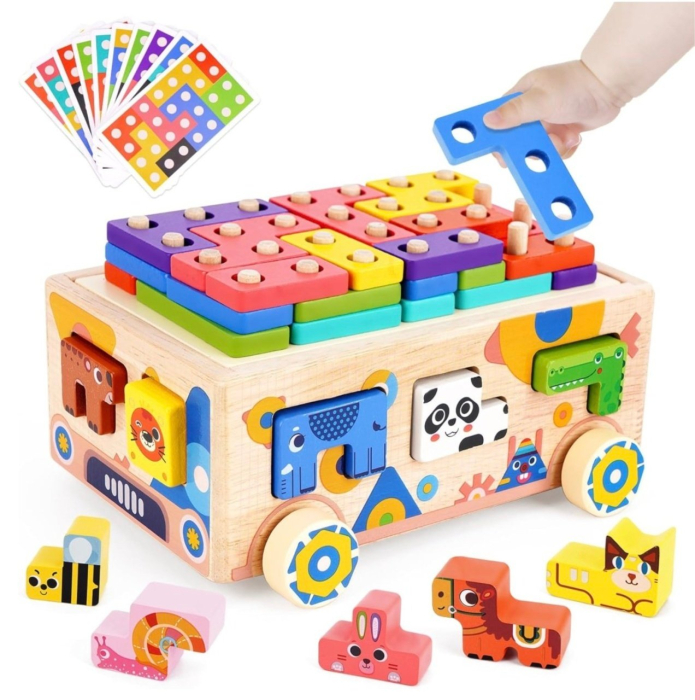 Jucarie camion cu sortator forme geometrice si animalute, Geometry Car, din lemn