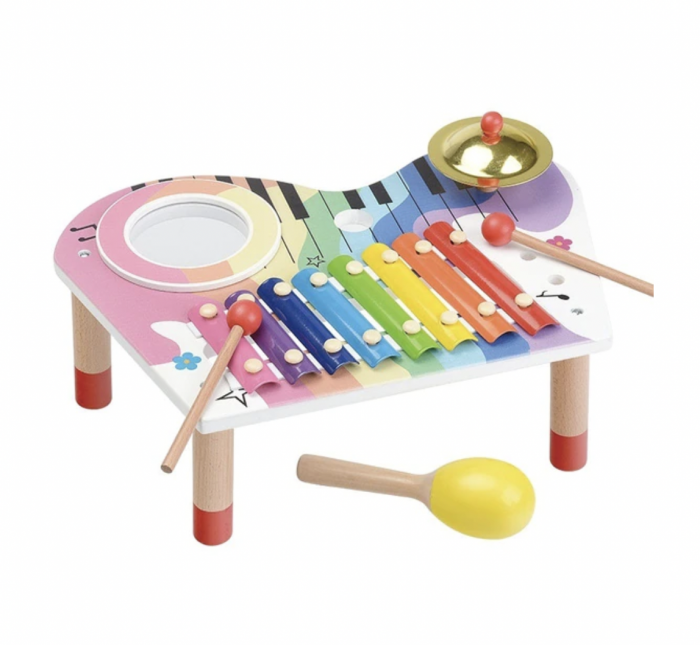 Masuta cu activitati si instrumente muzicale multiple Montessori, din lemn