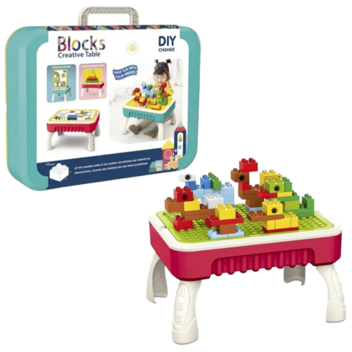 Masuta de joaca multifunctionala 2 in 1 cu 58 piese de constructie, rosu [2]