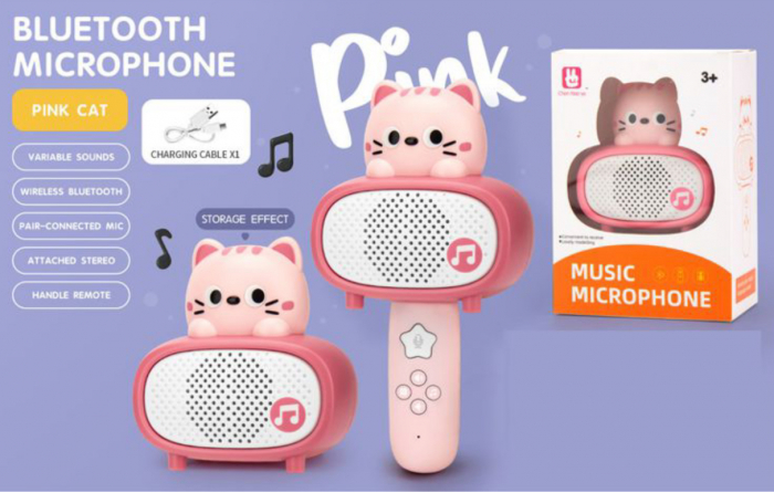 Microfon karaoke cu telecomanda, Bluetooth si incarcator cablu USB - Pisicuta roz [2]