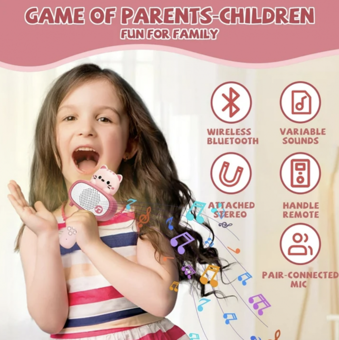 Microfon karaoke cu telecomanda, Bluetooth si incarcator cablu USB - Pisicuta roz [7]