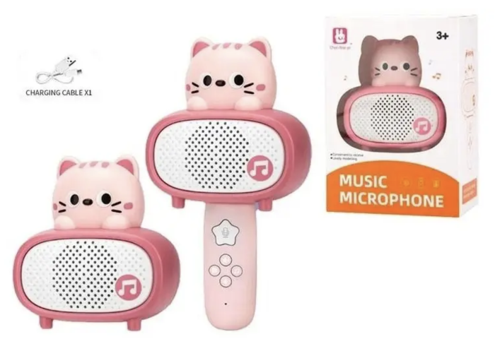 Microfon karaoke cu telecomanda, Bluetooth si incarcator cablu USB - Pisicuta roz [4]