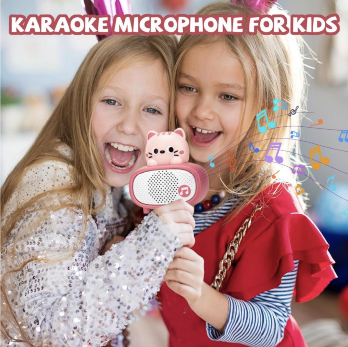 Microfon karaoke cu telecomanda, Bluetooth si incarcator cablu USB - Pisicuta roz [10]