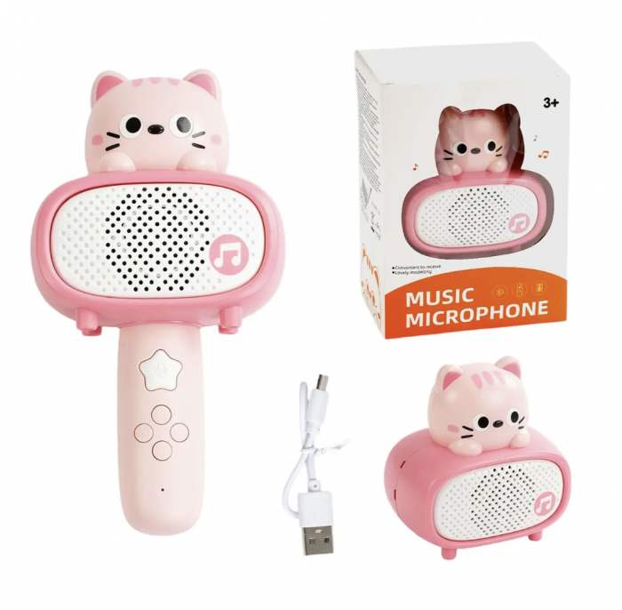 Microfon karaoke cu telecomanda, Bluetooth si incarcator cablu USB - Pisicuta roz