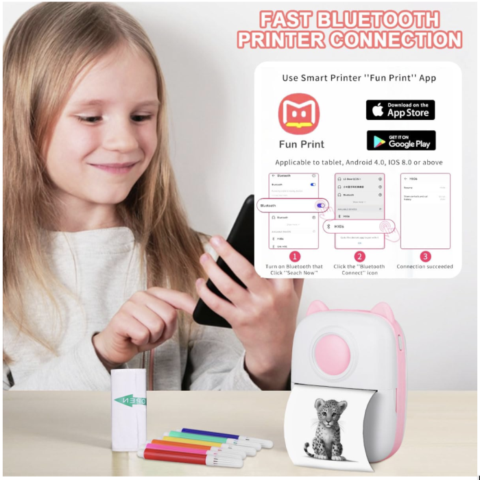 Mini imprimanta termica portabila de buzunar, Bluetooth, 203 DPI, alb-negru, roz [9]