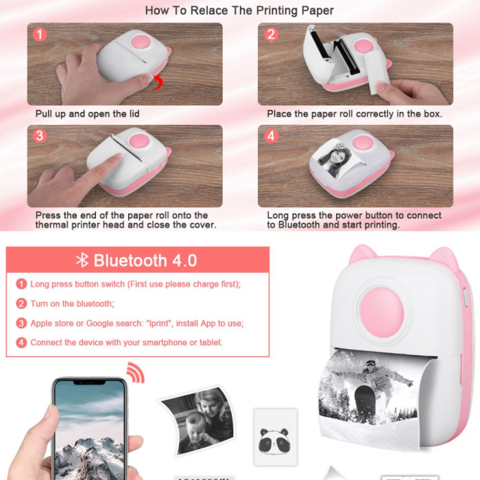 Mini imprimanta termica portabila de buzunar, Bluetooth, 203 DPI, alb-negru, roz [3]