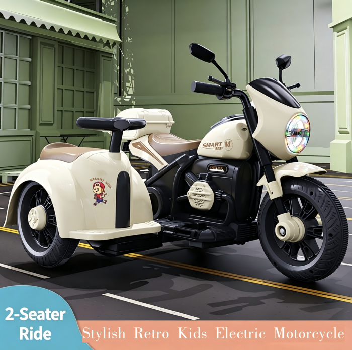 Motocicleta electrica copii 609-1 cu atas detasabil, 2 locuri, 2 motoare, portbagaj dublu, 2-5 ani, crem [2]