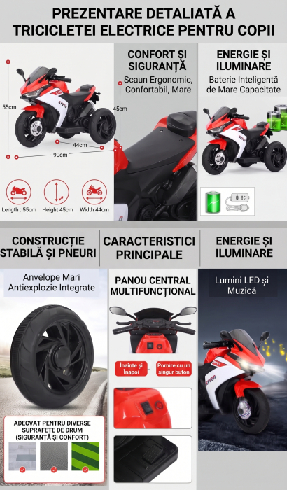 Motocicleta electrica copii cu 3 roti model 618, 6V, 3 trepte viteza, USB MP3, max 30kg, 2-5 ani, rosu [7]