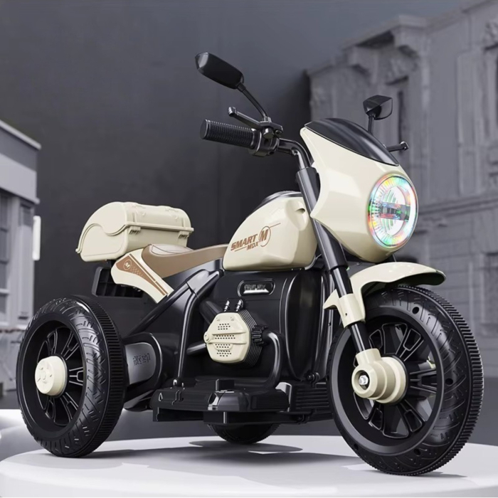 Motocicleta electrica copii Retro 3 roti, 6V, portbagaj depozitare, lumini LED, muzica, 2-5 ani, crem [4]