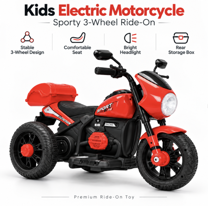 Motocicleta electrica copii Retro 3 roti, 6V, portbagaj depozitare, lumini LED, muzica, 2-5 ani, rosu [2]