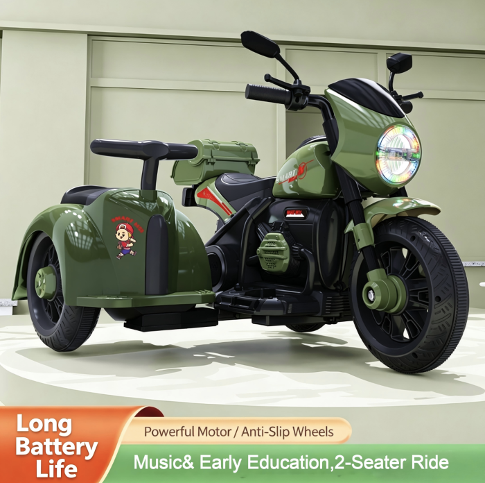 Motocicleta electrica copii 609-1 cu atas detasabil, 2 locuri, 2 motoare, portbagaj dublu, 2-5 ani, verde [2]