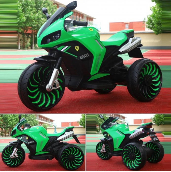Motocicleta electrica pentru copii 2-10 ani, cu doua motoare, acumulator 12V, cu aburi, muzica si lumini, 266 verde [3]