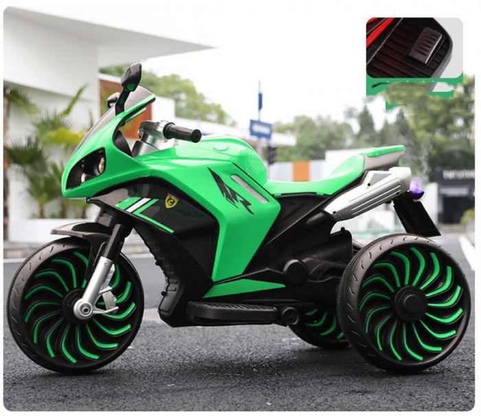 Motocicleta electrica pentru copii 2-10 ani, cu doua motoare, acumulator 12V, cu aburi, muzica si lumini, 266 verde [5]