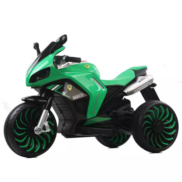 Motocicleta electrica pentru copii 2-10 ani, cu doua motoare, acumulator 12V, cu aburi, muzica si lumini, 266 verde