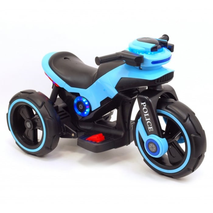 Motocicleta electrica pentru copii, doua motoare, acumulator 12V, cu muzica si lumini, bleu