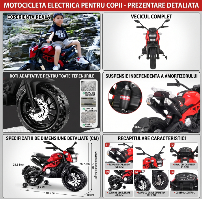 Motocicleta electrica copii Enduro DLS01, 12V, suspensie, MP3, roti ajutatoare, 3-8 ani, rosu [6]
