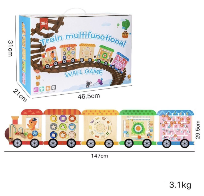Panou senzorial educativ de perete, din lemn Trenulet Busy Board Montessori, 147 cm [6]