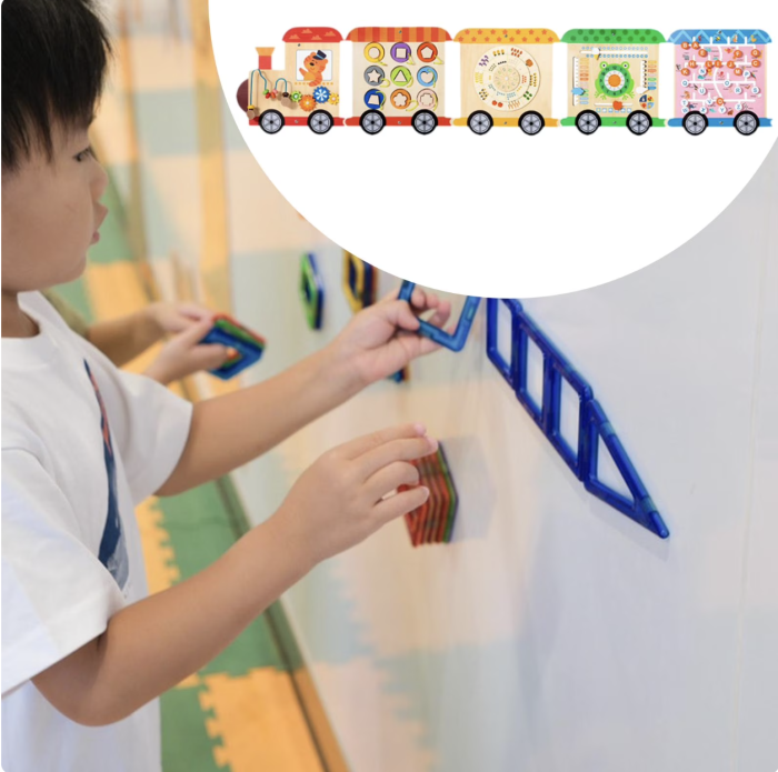 Panou senzorial educativ de perete, din lemn Trenulet Busy Board Montessori, 147 cm [3]