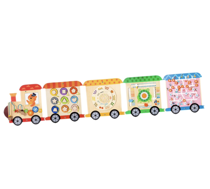 Panou senzorial educativ de perete, din lemn Trenulet Busy Board Montessori, 147 cm [2]