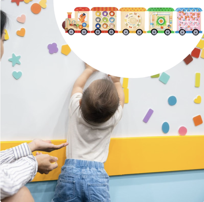 Panou senzorial educativ de perete, din lemn Trenulet Busy Board Montessori, 147 cm [4]