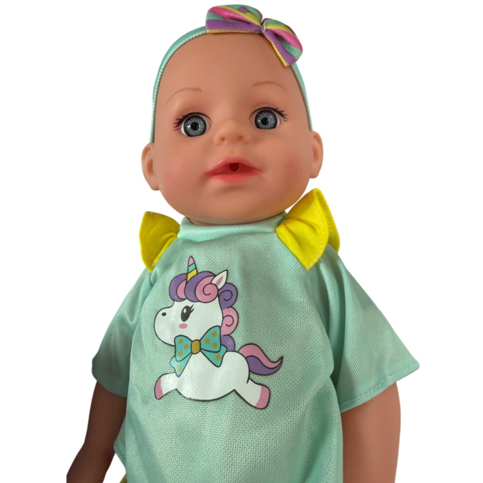 Papusa bebe 32 cm in costumas verde cu dungi, cu biberon, scutec, face pipi, articulatii mobile, 3+ [5]