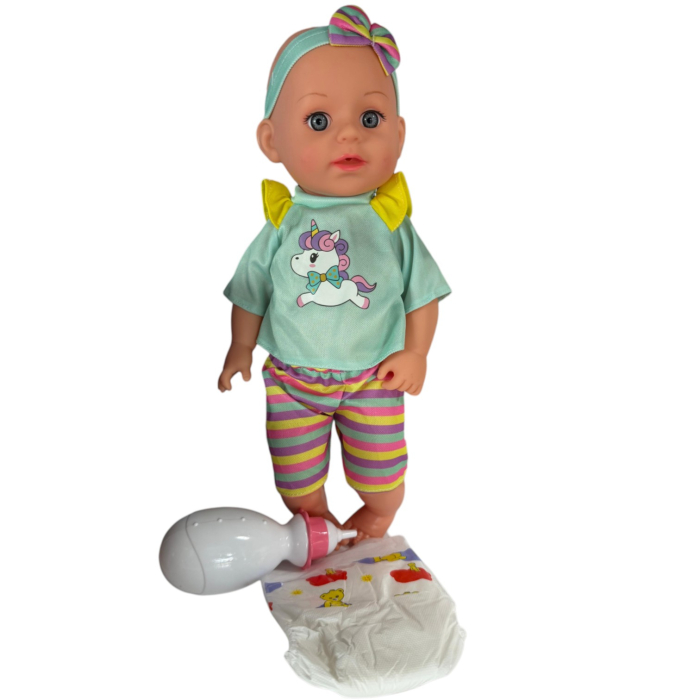 Papusa bebe 32 cm in costumas verde cu dungi, cu biberon, scutec, face pipi, articulatii mobile, 3+ [3]