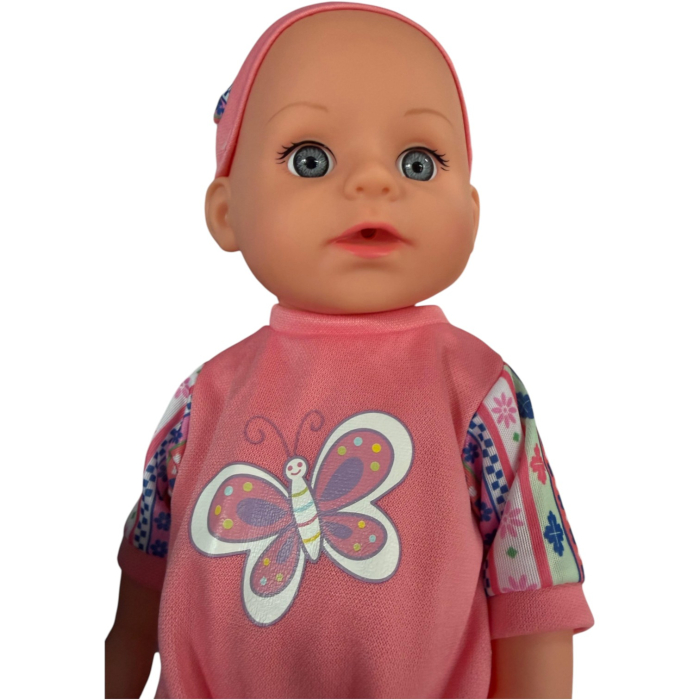 Papusa bebe 32 cm in salopeta roz, cu biberon, scutec, face pipi, articulatii mobile, 3+ [7]
