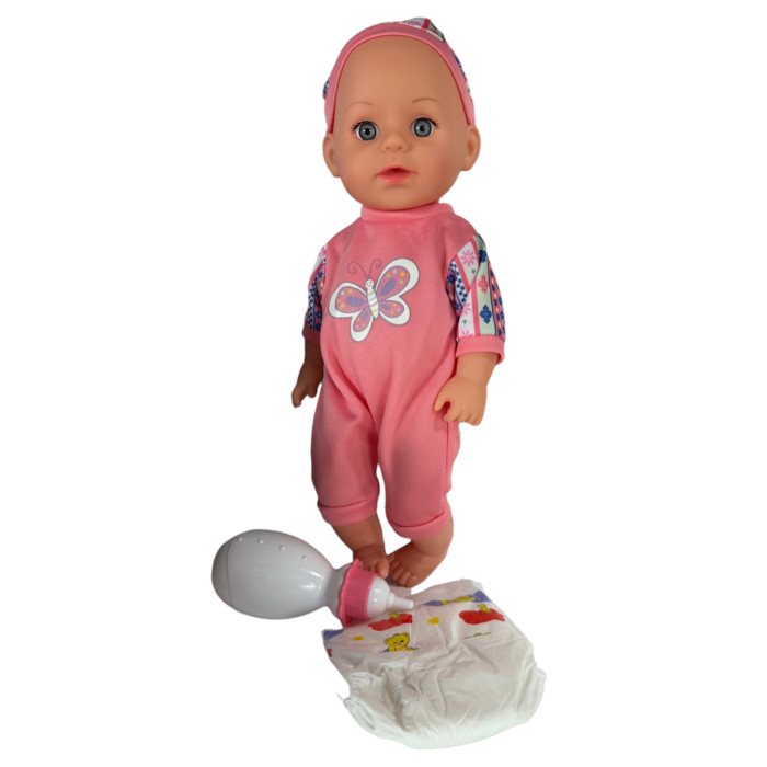 Papusa bebe 32 cm in salopeta roz, cu biberon, scutec, face pipi, articulatii mobile, 3+ [6]